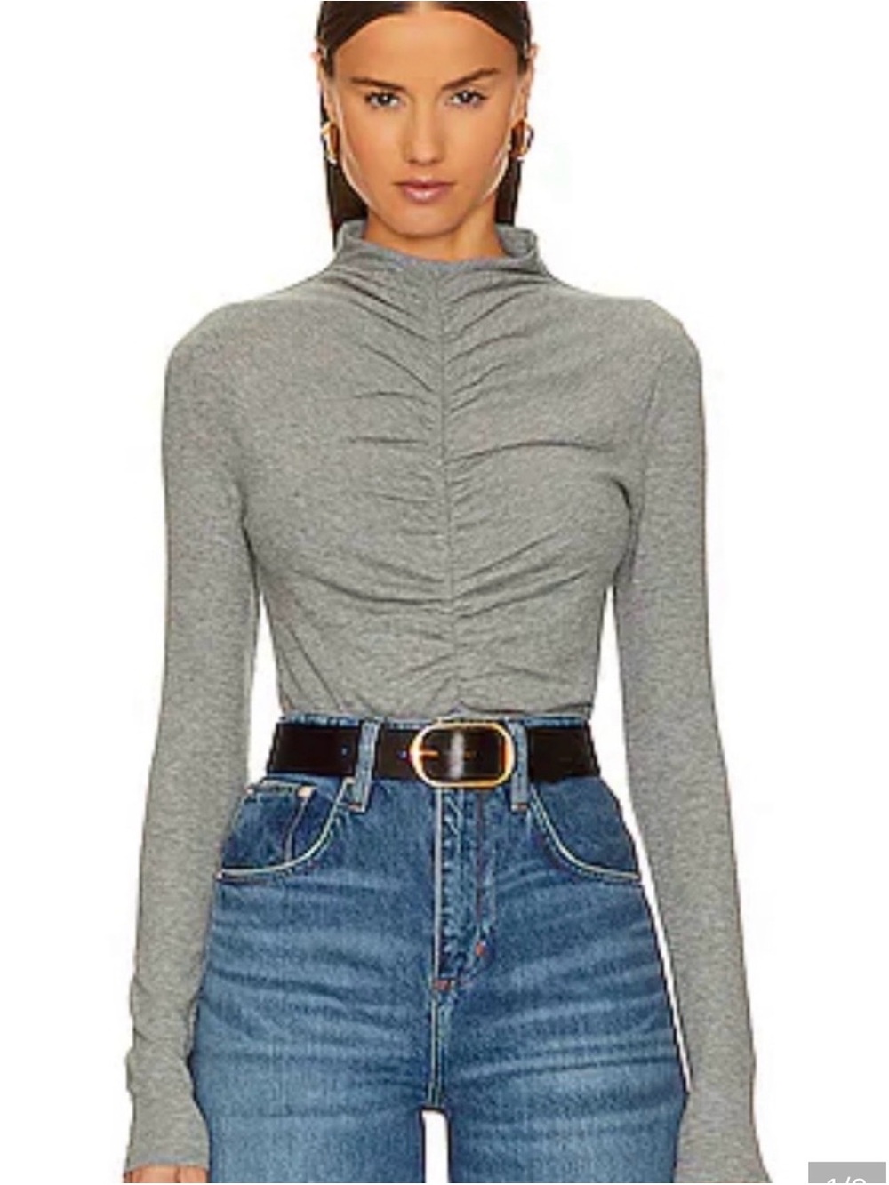 Veronica Beard Gray Ruched Mock-Neck Long Sleeve Top